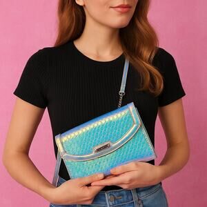 Nine West Magic Mirror Holographic Clutch Crossbody Purse Pink Lined